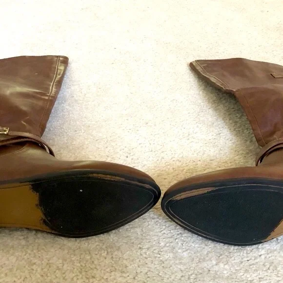 Material Girl High Boots Cognac Size 7.5 M Buckle Zipper Box MCAPRI Lined - Picture 7 of 13